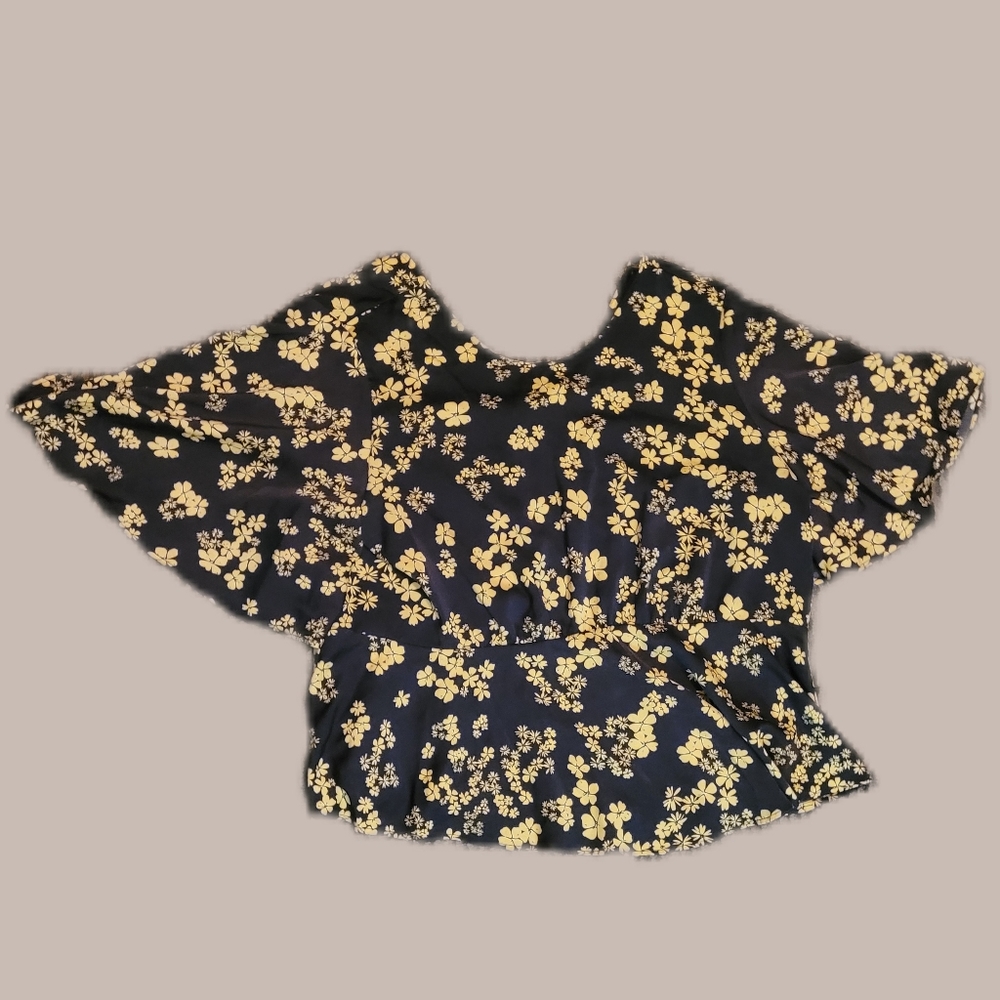 Plus Size Who What Wear Yellow Floral Black Peplum Blouse Flowy Top XL